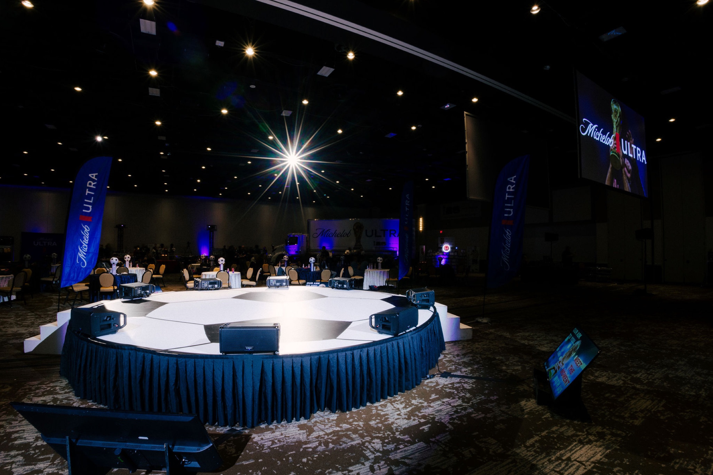 Custom soccer-ball stage built by Klock Events for the Michelob Ultra FIFA World Cup launch at the Hershey Lodge